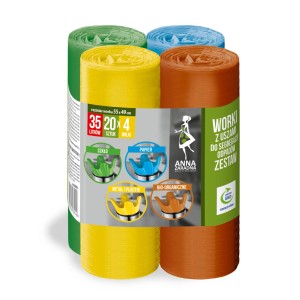 Kolorowe rolki worków na śmieci (35L) do szkła, papieru, metalu/plastiku i bioodpadów.