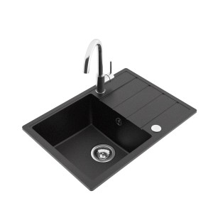 Czarny zlewozmywak granitowy t.b.t. z ociekaczem i baterią.