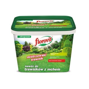 Nawóz do trawników Florovit z mchem w wiadrze. Mikrogranulat dla gęstego, zielonego trawnika.