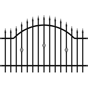 Czarny metalowy panel ogrodzeniowy z ozdobnymi grotami i elementami.