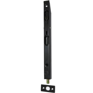 Czarny zasuwnica wpuszczana t.b.t. z płytką montażową do drzwi lub okna.