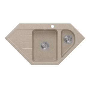 Beżowy narożny zlewozmywak granitowy z dwiema komorami i ociekaczem.