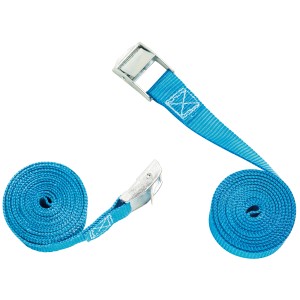 Dwa niebieskie pasy mocujące z klamrą zaciskową, każdy 25 mm x 2,5 m, do podróży i transportu.