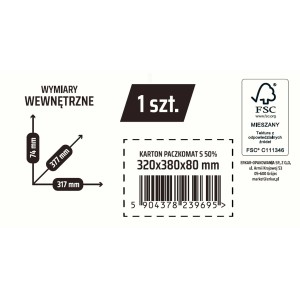 Zbliżenie: Pudełko kartonowe o wymiarach 320x380x80 mm, znak FSC i kod kreskowy.