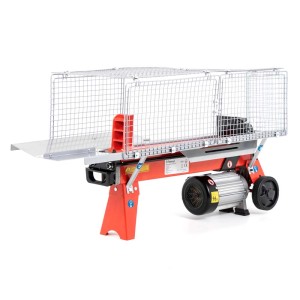 Elektryczna łuparka do drewna, czerwona, z klatką ochronną. Idealna do łupania drewna w ogrodzie lub do kominka.