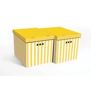 Dwa kartonowe pudełka t.b.t. w żółto-białe paski z pokrywkami.