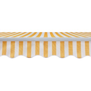Żółto-biała markiza w paski z falistym brzegiem.