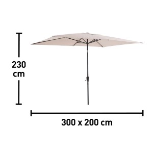 Beżowy, prostokątny parasol balkonowy z wymiarami. Idealny do małych przestrzeni zewnętrznych.