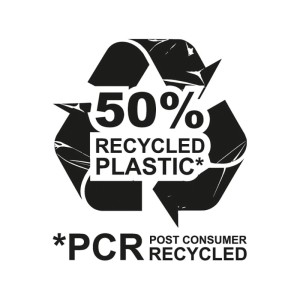 Symbol: 50% tworzywa sztucznego z materiału pochodzącego z recyklingu (PCR).