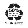 Symbol: 50% tworzywa sztucznego z materiału pochodzącego z recyklingu (PCR).
