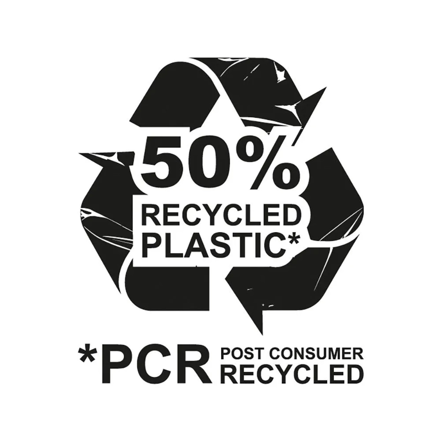 Symbol: 50% tworzywa sztucznego z materiału pochodzącego z recyklingu (PCR).