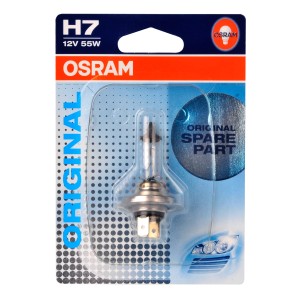 Żarówka halogenowa Osram H7 w opakowaniu, odpowiednia jako część zamienna oryginalnej jakości.