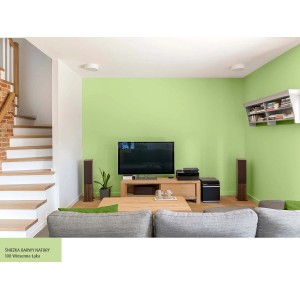 Salon z pomalowanymi na jasnozielono ścianami. Kolorowe farby do ścian dla świeżej atmosfery.