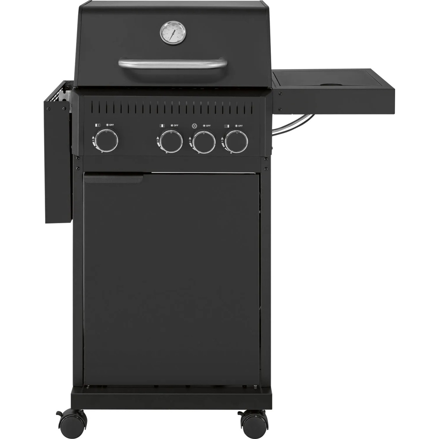 Czarny grill gazowy z półką boczną i wskaźnikiem temperatury.