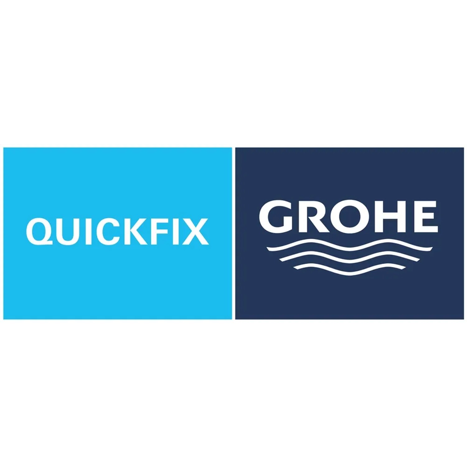 Logo Grohe QuickFix na niebieskim i granatowym tle.
