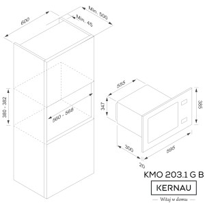 Szkic kuchenki mikrofalowej Kernau KMO 203.1 GB z wymiarami do zabudowy do planowania kuchni.