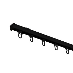 Czarny karnisz sufitowy t.b.t. z żabkami do zasłon.