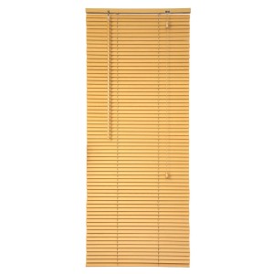 Żółta drewniana żaluzja okienna, ochrona przed światłem i dekoracja.