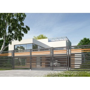 Nowoczesne metalowe ogrodzenie t.b.t. z elementami drewnianymi przed domem.