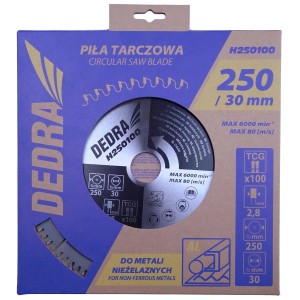 Tarcza pilarska DEDRA 250 mm do metali nieżelaznych, w niebieskim opakowaniu.