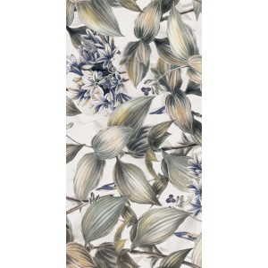 Płytka dekoracyjna ze wzorem liści i kwiatów w odcieniach szarości i niebieskiego.