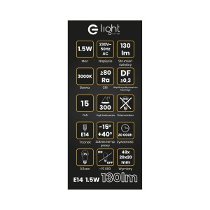 Infografika żarówki LED E14 z danymi technicznymi dotyczącymi mocy, strumienia świetlnego i temperatury barwowej.