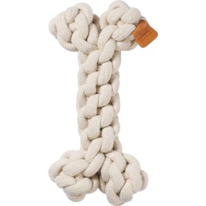 Biała zabawka dla psa w kształcie kości z liny, idealna do przeciągania i dbania o higienę jamy ustnej.