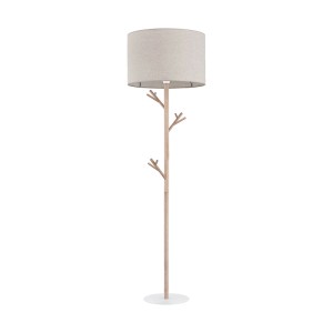 t.b.t. Lampa podłogowa z abażurem z tkaniny i drewnianym wyglądem do salonu.