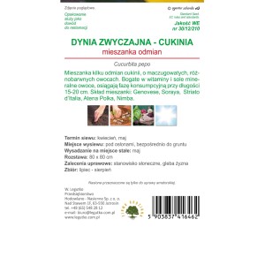 Opakowanie nasion cukinii 't.b.t.' z informacjami o uprawie i zbiorze.