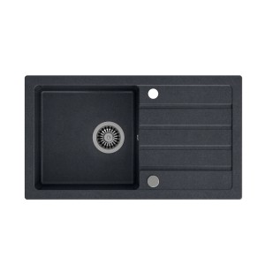 Czarny zlewozmywak granitowy t.b.t. z ociekaczem i komorą.