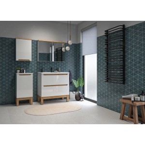 Nowoczesny, biały zestaw mebli łazienkowych t.b.t z szafką dolną, szafką umywalkową i lustrem.