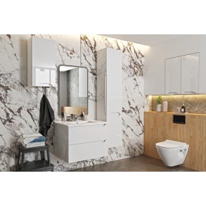 Nowoczesny biały zestaw mebli łazienkowych z umywalką, szafką z lustrem i szafką wysoką.