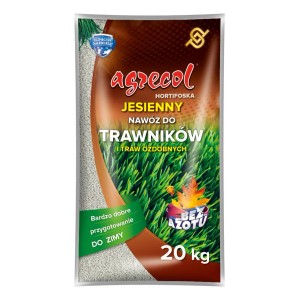 Opakowanie nawozu jesiennego do trawników Agrecol, 20 kg. Do pielęgnacji trawnika jesienią.