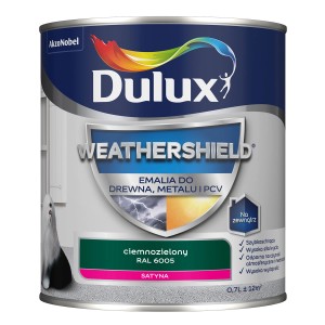 Dulux ciemnozielona emalia Weathershield, do drewna, metalu i PCV.