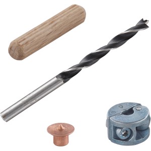 wolfcraft Zestaw kołków, 31 elementów: Kołki drewniane, wiertło, ogranicznik głębokości i ustalacz do połączeń drewnianych.