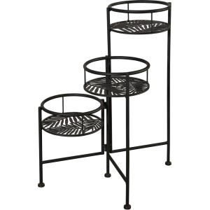 Czarny stojak na kwiaty t.b.t. z trzema poziomami i wzorem liści.