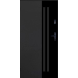 Czarne drzwi zewnętrzne z klamką i pionowymi paskami dekoracyjnymi.