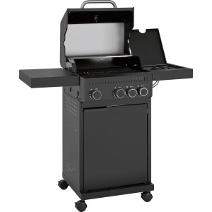Czarny grill gazowy t.b.t. z półkami i otwartą pokrywą.