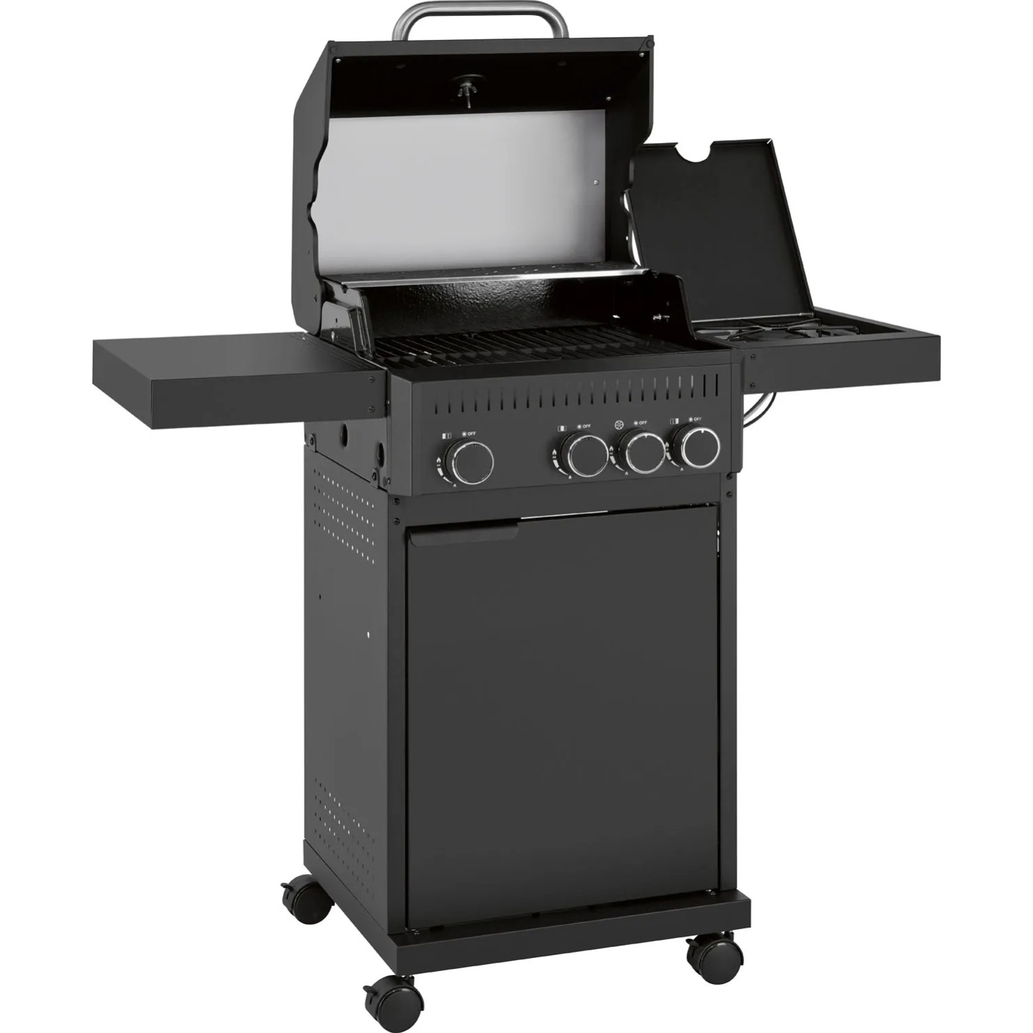 Czarny grill gazowy t.b.t. z półkami i otwartą pokrywą.