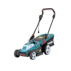 Elektryczna kosiarka do trawy w kolorze turkusowym i czarnym z koszem na trawę.