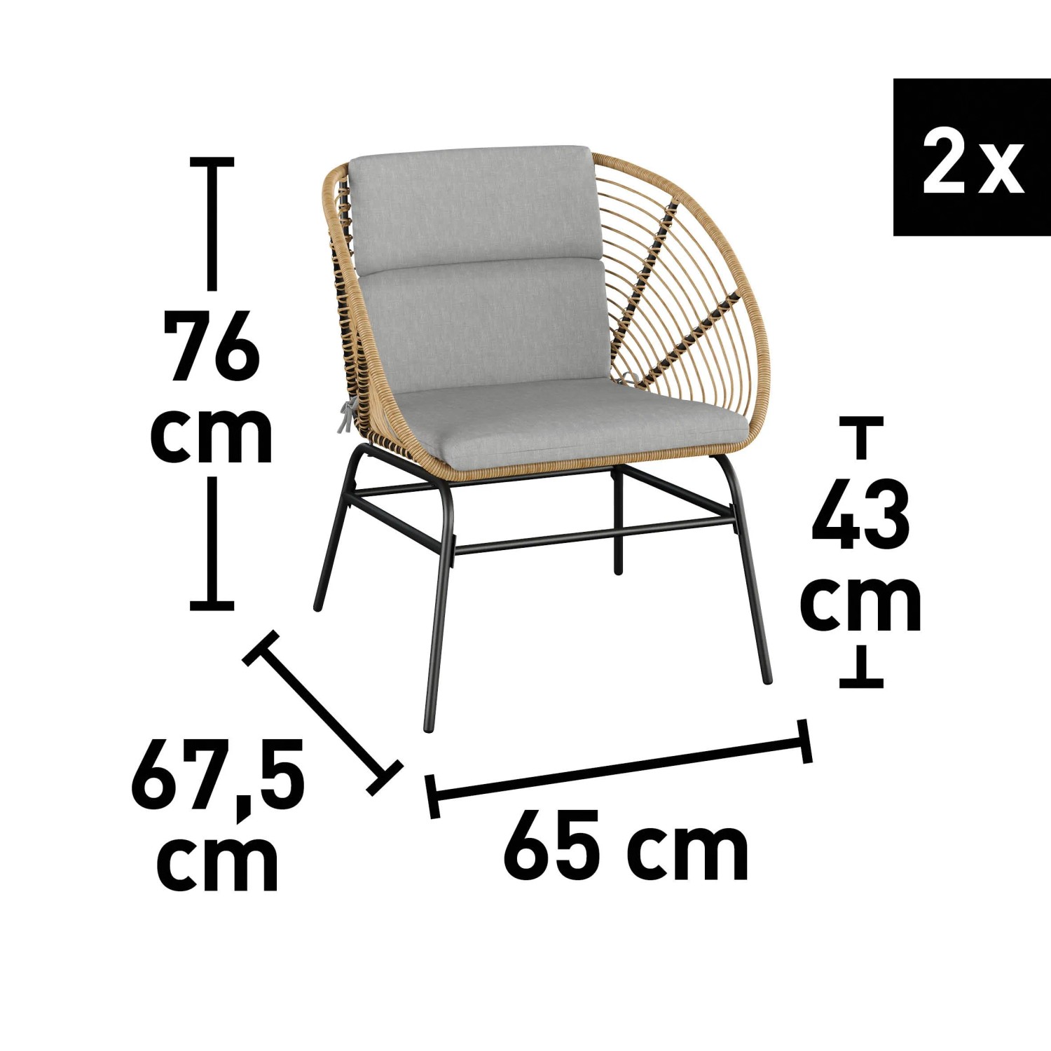 Fotel lounge Costilla, zestaw 2 szt., wicker natural, z wymiarami. Meble ogrodowe na relaksujące chwile.