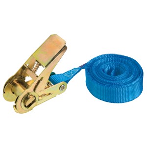 Jednoczęściowy, niebieski pas mocujący (25 mm x 5 m) ze złotą grzechotką do podróży i transportu.