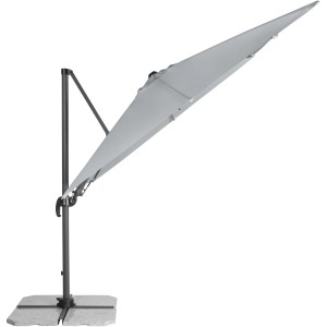 Jasnoszary parasol wiszący Doppler Ravenna Ax, 275x275 cm, ze stojakiem.