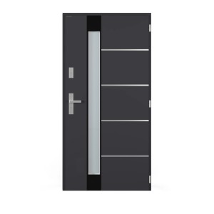 Nowoczesne, szare drzwi zewnętrzne z szybą i poziomymi listwami dekoracyjnymi.