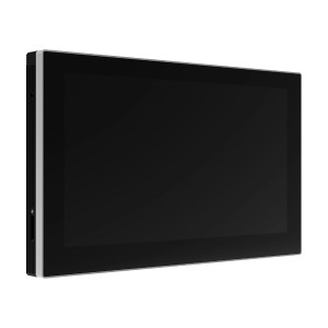 Domofon t.b.t. z czarnym ekranem i srebrną ramką.