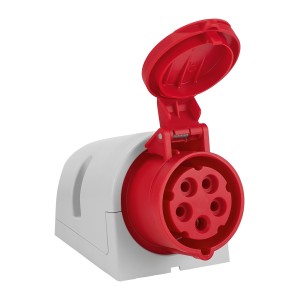 Czerwone gniazdo t.b.t. z otwartą pokrywą do użytku zewnętrznego.