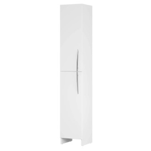 Biała, wysoka szafka z połyskiem do zestawów mebli łazienkowych.