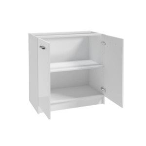Biała szafka dolna kuchenna (t.b.t.) z dwoma otwartymi drzwiami i dwiema półkami.
