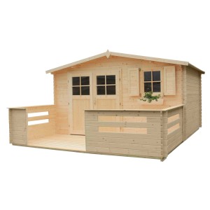 Drewniany domek ogrodowy t.b.t. z tarasem, w naturalnym wykończeniu. Idealny jako domek narzędziowy lub do zabawy dla dzieci.
