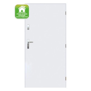 Białe drzwi zewnętrzne (t.b.t.) ze srebrną klamką i pieczęcią "Czyste Powietrze".